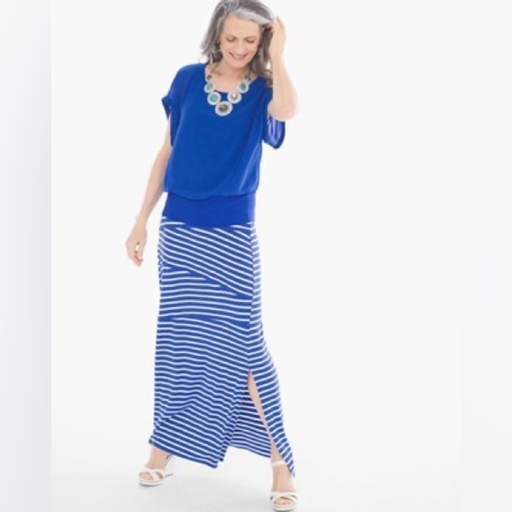 Chicos Tinley maxi striped‎ blue white nautical skirt size XL NWT flattering
